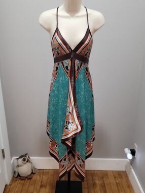 Teal and Brown Handkerchief Hem Slip Dress Sz S